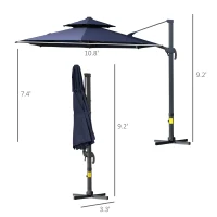 Outsunny 11ft Cantilever Patio Umbrella with Base, Double Top Hanging Aluminum Offset Umbrella with 360° Rotation, Easy Tilt, 8 Ribs, Crank, Cross Base for Backyard, Dark Blue(m-3)