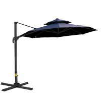 Outsunny 11ft Cantilever Patio Umbrella with Base, Double Top Hanging Aluminum Offset Umbrella with 360° Rotation, Easy Tilt, 8 Ribs, Crank, Cross Base for Backyard, Dark Blue