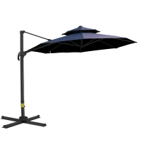 Outsunny 11ft Cantilever Patio Umbrella with Base, Double Top Hanging Aluminum Offset Umbrella with 360° Rotation, Easy Tilt, 8 Ribs, Crank, Cross Base for Backyard, Dark Blue(m-1)