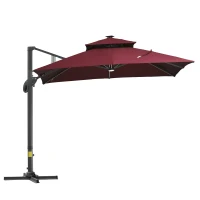 Outsunny 10x10ft Shade Umbrella with Solar LED Cold Lighted and Power Bank with Adjustable Angle for Backyard, Wine Red(m-1)