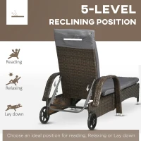 Outsunny 3 Pieces Wicker Patio Lounger Set with Table, PE Rattan Outdoor Lounge Chair Set with Cushions, Wheels, 5-Level Reclining Backrest, Headrest, Brown/Dark Grey(m-5)