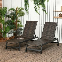 Outsunny 2 Pieces Patio Lounger Chair Set, Outdoor Aluminum Frame PE Rattan Wicker Sun Lounger Set w/ 5-Position Backrest and Wheels for Sun Room, Garden, Poolside, Dark Brown(m-1)