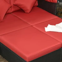 Outsunny Patio Daybed, Outdoor Wicker Double Daybed, PE Rattan Sun Lounger for 2-Person with Cushions, and Foldable Awning, for Garden, Balcony, Poolside, Red(m-9)