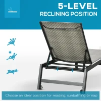 Outsunny 2 Pieces Patio Lounger Chair Set, Outdoor Aluminum Frame PE Rattan Wicker Sun Lounger Set w/ 5-Position Backrest and Wheels for Sun Room, Garden, Poolside, Light Grey(m-5)