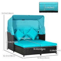 Outsunny Patio Daybed, Outdoor Wicker Double Daybed, PE Rattan Sun Lounger for 2-Person with Cushions, and Foldable Awning, for Garden, Balcony, Poolside, Green(m-3)