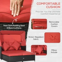 Outsunny Patio Daybed, Outdoor Wicker Double Daybed, PE Rattan Sun Lounger for 2-Person with Cushions, and Foldable Awning, for Garden, Balcony, Poolside, Red(m-5)