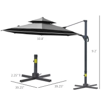 Outsunny 11ft Cantilever Patio Umbrella with Base, Double Top Hanging Aluminum Offset Umbrella with 360° Rotation, Easy Tilt, 8 Ribs, Crank, Cross Base for Backyard, Dark Gray(m-3)