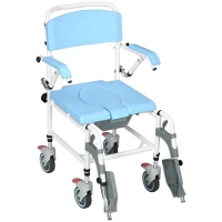 HOMCOM Accessibility Commode Wheelchair, Rolling Shower Wheelchair with 4 Castor Wheels, Rectangle Detachable Bucket, & Waterproof Design, 17" Seat Width, Blue(m-1)