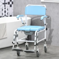 HOMCOM Accessibility Commode Wheelchair, Rolling Shower Wheelchair with 4 Castor Wheels, Rectangle Detachable Bucket, & Waterproof Design, 17" Seat Width, Blue(m-2)