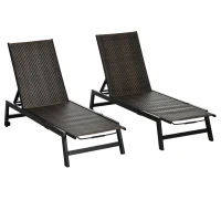 Outsunny 2 Pieces Patio Lounger Chair Set, Outdoor Aluminum Frame PE Rattan Wicker Sun Lounger Set w/ 5-Position Backrest and Wheels for Sun Room, Garden, Poolside, Dark Brown(m-2)