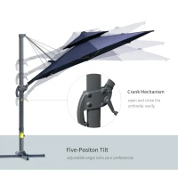 Outsunny 11ft Cantilever Patio Umbrella with Base, Double Top Hanging Aluminum Offset Umbrella with 360° Rotation, Easy Tilt, 8 Ribs, Crank, Cross Base for Backyard, Dark Blue(m-4)