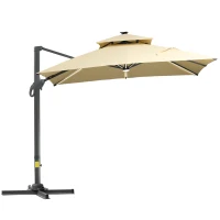 Outsunny 10x10ft Shade Umbrella with Solar LED Cold Lighted & Power Bank with Adjustable Angle for Backyard, Beige(m-1)