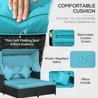 Outsunny Patio Daybed, Outdoor Wicker Double Daybed, PE Rattan Sun Lounger for 2-Person with Cushions, and Foldable Awning, for Garden, Balcony, Poolside, Green(m-5)