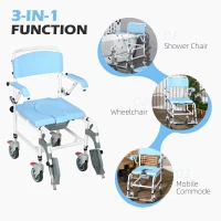 HOMCOM Accessibility Commode Wheelchair, Rolling Shower Wheelchair with 4 Castor Wheels, Rectangle Detachable Bucket, & Waterproof Design, 17" Seat Width, Blue(m-4)