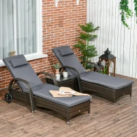 Outsunny 3 Pieces Wicker Patio Lounger Set with Table, PE Rattan Outdoor Lounge Chair Set with Cushions, Wheels, 5-Level Reclining Backrest, Headrest, Brown/Dark Grey(m-1)