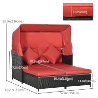 Outsunny Patio Daybed, Outdoor Wicker Double Daybed, PE Rattan Sun Lounger for 2-Person with Cushions, and Foldable Awning, for Garden, Balcony, Poolside, Red(m-3)