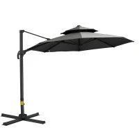 Outsunny 11ft Cantilever Patio Umbrella with Base, Double Top Hanging Aluminum Offset Umbrella with 360° Rotation, Easy Tilt, 8 Ribs, Crank, Cross Base for Backyard, Dark Gray(m-1)
