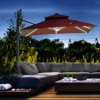 Outsunny 10x10ft Shade Umbrella with Solar LED Cold Lighted and Power Bank with Adjustable Angle for Backyard, Wine Red(m-2)