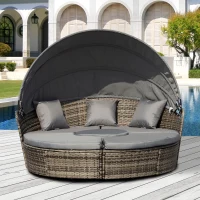 Outsunny 4 Pieces Outdoor Daybed with Retractable Canopy, PE Rattan Wicker Round Sofa Day Bed, Patio Sectional  Conversation Furniture Set with Cushions and Pillows, Grey(m-1)