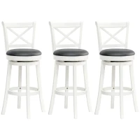 HOMCOM Traditional Bar Height Bar Stool, 31 Inch Seat Height Barstool, Swivel PU Leather Upholstered Chair, with Cross Back and Rubberwood Frame, Set of 3, Cream White(m-1)