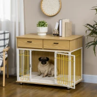 PawHut Dog Crate with Drawers, Soft Cushion, Lockable Door, for Small and Medium Dogs, Oak(m-2)