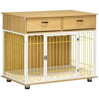 PawHut Dog Crate with Drawers, Soft Cushion, Lockable Door, for Small and Medium Dogs, Oak(m-1)