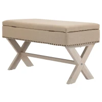 HOMCOM 35.75" Storage Ottoman, Upholstered Storage Bench with Hidden Space, Nailhead Trim and X-Shaped Wood Legs, for Living Room, Entryway, Bedroom, Beige(m-1)