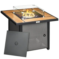 Outsunny 31 Inch Outdoor Propane Gas Fire Pit Table, 50,000 BTU Auto-Ignition Square Gas Firepit with Ceramic Tabletop, Glass Wind Guard, Lid, Glass Beads, Rain Cover, CSA Certification, Brown(m-1)