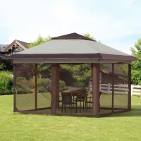 Outsunny 12' x 12' Heavy Duty Pop Up Canopy with Center Lift Hook Design, Mesh Sidewall Netting, 3-Level Adjustable Height and Storage Bag, Beige(m-1)