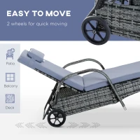 Outsunny 3 Pieces Patio Rattan Chaise Lounge Set, Outdoor PE Wicker Reclining Lounger Furniture Set, Adjustable Portable with Wheeled & Side Table, Grey(m-6)