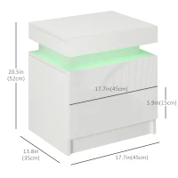HOMCOM Nightstand, Bedside Table with LED Lights and 2 Drawers for Bedroom, Living Room, White(m-3)