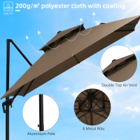 Outsunny 10ft Offset Patio Umbrella with Base, Double Top Hanging Aluminum Cantilever Umbrella with 360-degree Rotation, Easy Tilt, 8 Ribs, Crank, Cross Base, Cover, Strap, Coffee(m-6)
