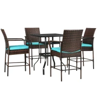 Outsunny 5-Piece Wicker Bar Set, Patio Bar Table Chair with Parasol Hole for Poolside, 31.5"x31.5"x39.8", Brown(m-2)