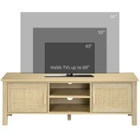 HOMCOM Boho TV Stand for 60 Inch Television, Entertainment Center with Rattan Door, Adjustable Shelf, and Storage Cabinets, Wood TV Console Cabinet for Living Room, Bedroom, Natural Wood(m-5)