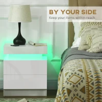 HOMCOM Nightstand, Bedside Table with LED Lights and 2 Drawers for Bedroom, Living Room, White(m-5)