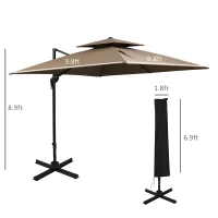 Outsunny 10ft Offset Patio Umbrella with Base, Double Top Hanging Aluminum Cantilever Umbrella with 360-degree Rotation, Easy Tilt, 8 Ribs, Crank, Cross Base, Cover, Strap, Coffee(m-3)