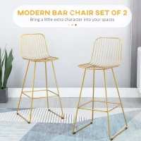 HOMCOM Modern Bar Stools, Metal Wire Bar Height Barstools, 30" Seat Height Bar Chairs for Kitchen with Back and Footrest, Set of 4, Gold(m-4)