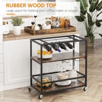 HOMCOM 3-Tier Kitchen Cart on Wheels with Removable Tray, Wine Racks, Glass Holders Rustic Brown(m-5)