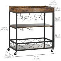 HOMCOM 3-Tier Kitchen Cart on Wheels with Removable Tray, Wine Racks, Glass Holders Rustic Brown(m-3)