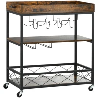 HOMCOM 3-Tier Kitchen Cart on Wheels with Removable Tray, Wine Racks, Glass Holders Rustic Brown(m-2)