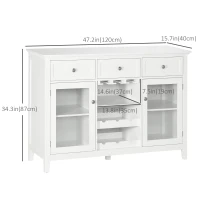 HOMCOM Modern Buffet Sideboard with Glass Doors, Kitchen Cabinet with 3 Drawers and Wine Storage, Coffee Bar Cabinet, White(m-3)