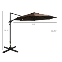 Outsunny 10ft Offset Patio Umbrella with Base, Hanging Aluminum and Steel Cantilever Umbrella with 360° Rotation, Easy Tilt, 8 Ribs, Crank, Cross Base for Poolside, Garden, Coffee(m-3)