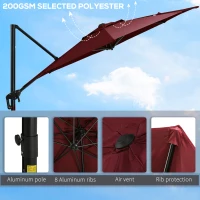 Outsunny 10ft Offset Patio Umbrella with Base, Hanging Aluminum and Steel Cantilever Umbrella with 360° Rotation, Easy Tilt, 8 Ribs, Crank, Cross Base for Poolside, Garden, Red(m-7)