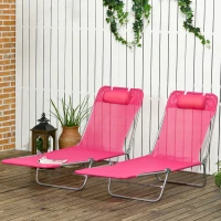 Outsunny 2 Piece Folding Chaise Lounge Chairs, Pool Sun Tanning Chairs with Reclining Back, Breathable Mesh Seat, Headrest for Beach, Yard, Patio, Pink(m-2)