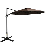 Outsunny 10ft Offset Patio Umbrella with Base, Hanging Aluminum and Steel Cantilever Umbrella with 360° Rotation, Easy Tilt, 8 Ribs, Crank, Cross Base for Poolside, Garden, Coffee(m-1)