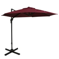 Outsunny 10ft Offset Patio Umbrella with Base, Hanging Aluminum and Steel Cantilever Umbrella with 360° Rotation, Easy Tilt, 8 Ribs, Crank, Cross Base for Poolside, Garden, Red(m-1)