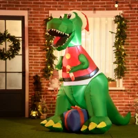HOMCOM 6ft Christmas Inflatables Outdoor Decorationss Decorations Dinosaur with Christmas Hat, Blow-Up LED Yard Christmas Decor for Lawn Garden Party(m-2)