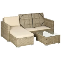 Outsunny 3 Piece Sectional Patio Furniture Set, Outdoor Wicker Rattan Sofa Couch with Table, Storage, 52.75"x30"x29.5", Khaki(m-1)