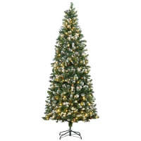 HOMCOM 7.5' Decorated Christmas Trees, Skinny Prelit Artificial Christmas Tree with Snow-dipped Branches, Auto Open, Pinecones(m-1)