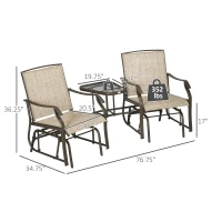 Outsunny Outdoor Glider Chairs with Coffee Table, Patio 2-Seat Rocking Chair Swing Loveseat with Breathable Sling for Backyard, Garden, and Porch, Light Brown(m-3)